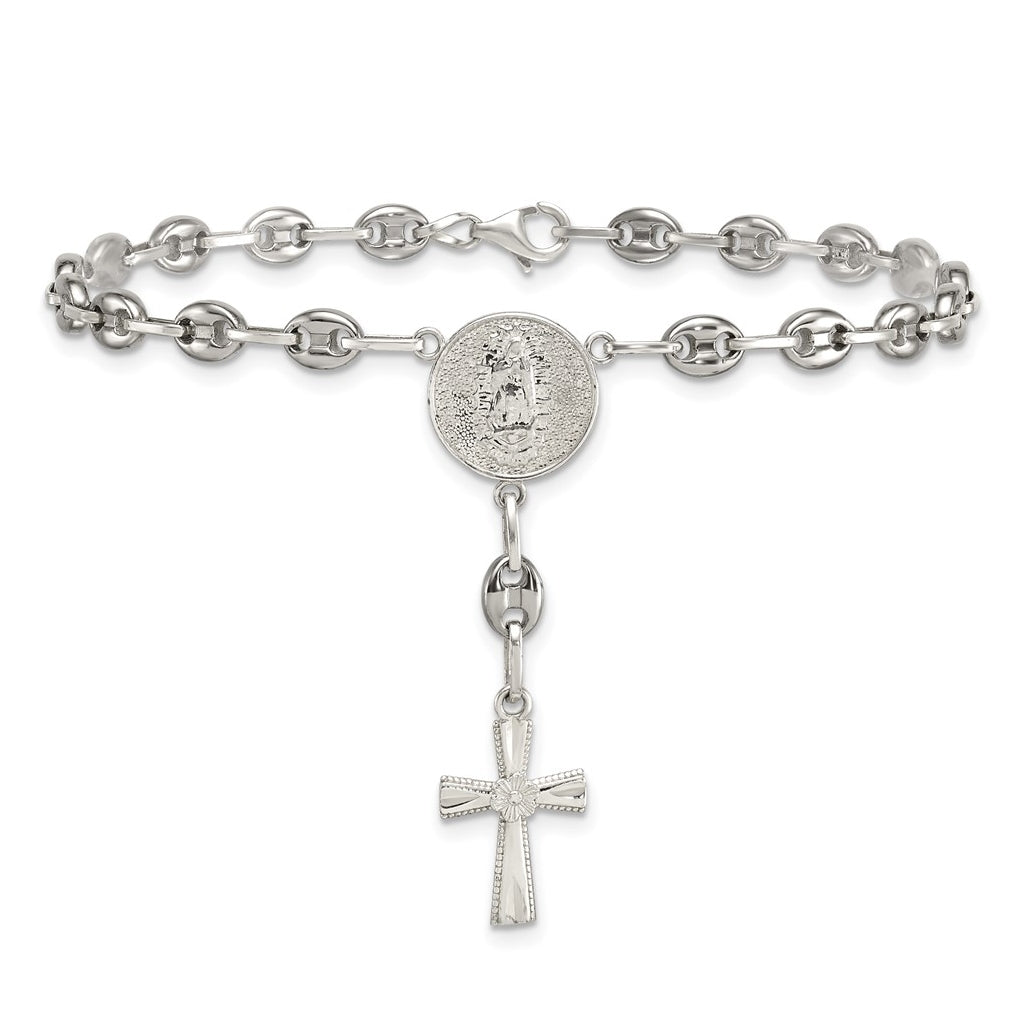 Stainless Steel with 925 Polished Jesus and Mary Cross 7.75in Bracelet – Elegant Jewelry Gift for Birthday, Anniversary, Engagement, Wedding