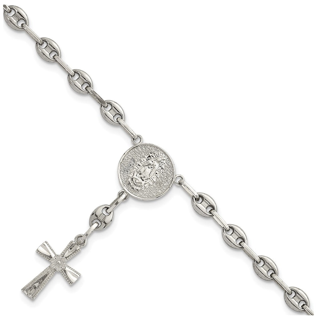Stainless Steel with 925 Polished Jesus and Mary Cross 7.75in Bracelet – Elegant Jewelry Gift for Birthday, Anniversary, Engagement, Wedding