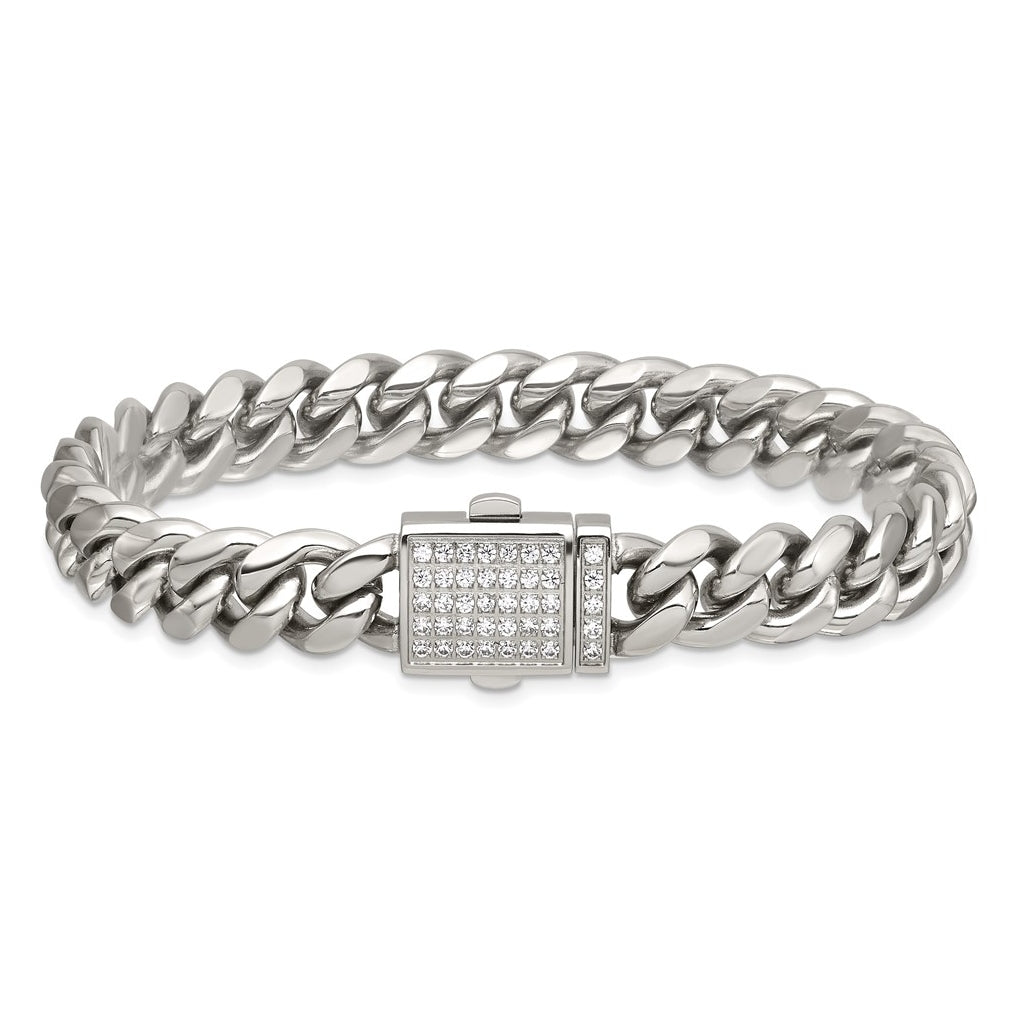 Stainless Steel Polished 10mm Curb Link with Cubic Zirconia Clasp 8.5in Bracelet – Elegant Jewelry Gift for Birthday, Anniversary, Engagement, Wedding
