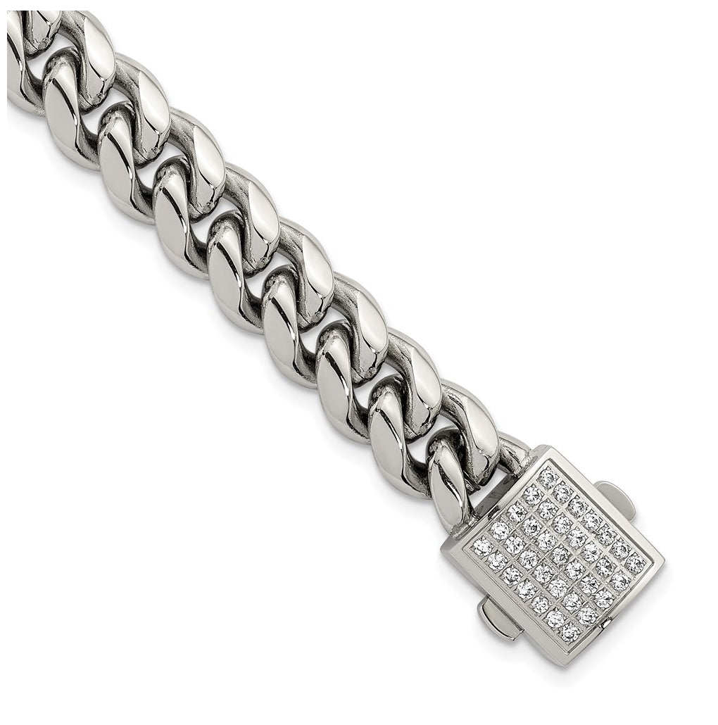 Stainless Steel Polished 10mm Curb Link with Cubic Zirconia Clasp 8.5in Bracelet – Elegant Jewelry Gift for Birthday, Anniversary, Engagement, Wedding