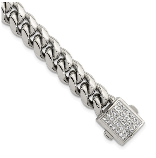Stainless Steel Polished 10mm Curb Link with Cubic Zirconia Clasp 8.5in Bracelet – Elegant Jewelry Gift for Birthday, Anniversary, Engagement, Wedding