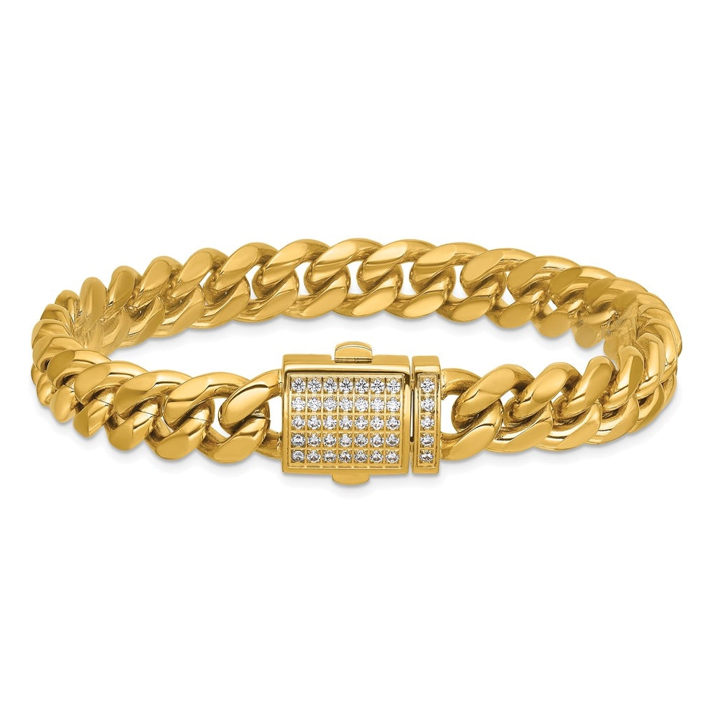 Stainless Steel Polished Yellow IP Curb Link Cubic Zirconia Clasp 8.5in Bracelet – Elegant Jewelry Gift for Birthday, Anniversary, Engagement, Wedding