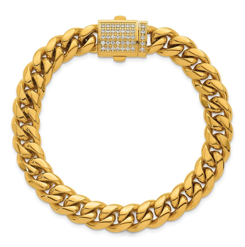 Stainless Steel Polished Yellow IP Curb Link Cubic Zirconia Clasp 8.5in Bracelet – Elegant Jewelry Gift for Birthday, Anniversary, Engagement, Wedding