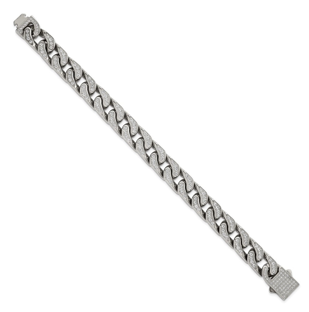 Stainless Steel Polished 12mm Cubic Zirconia Cable Link 8.5in Bracelet – Elegant Jewelry Gift for Birthday, Anniversary, Engagement, Wedding