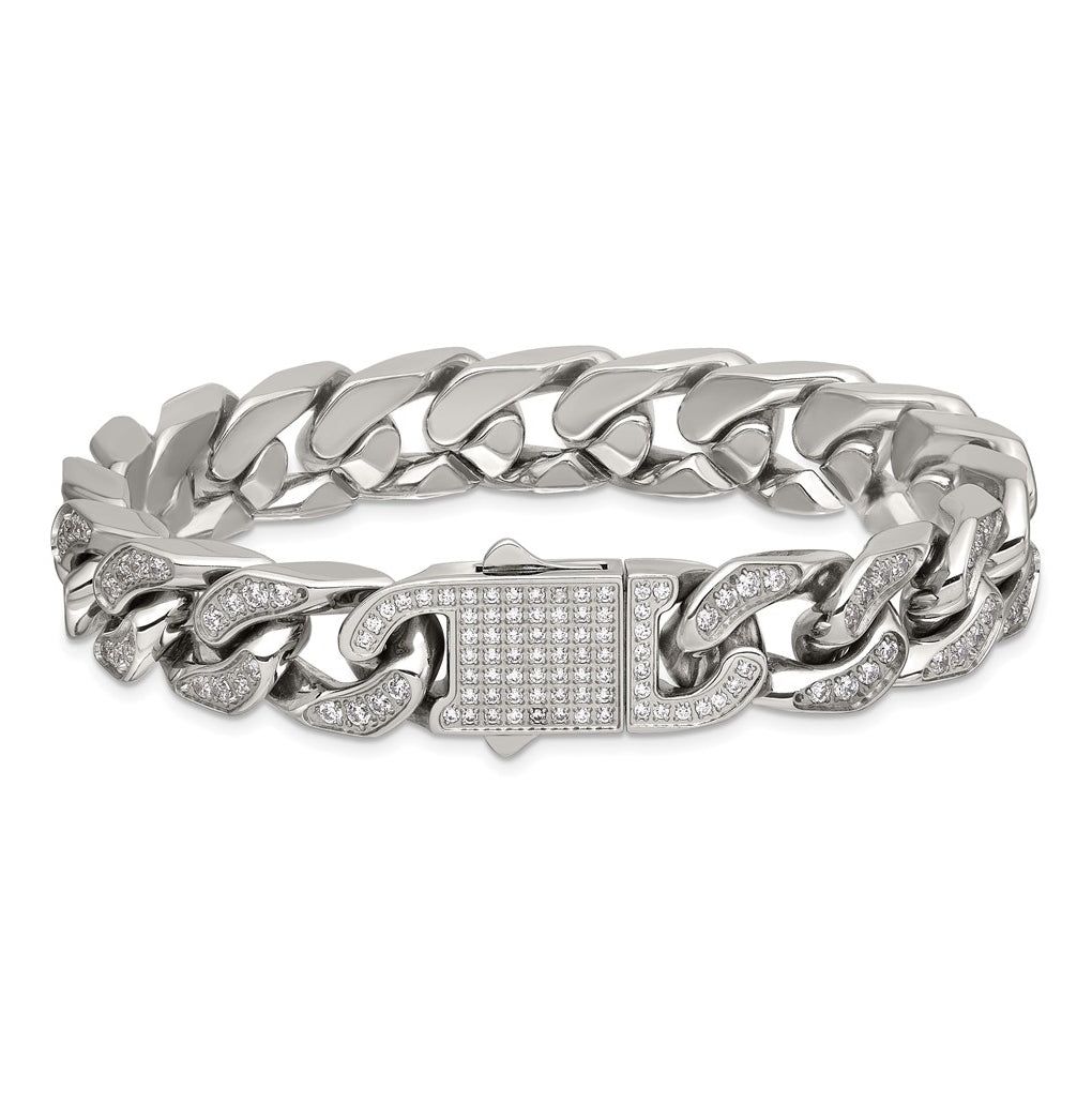 Stainless Steel Polished 12mm Cubic Zirconia Cable Link 8.5in Bracelet – Elegant Jewelry Gift for Birthday, Anniversary, Engagement, Wedding