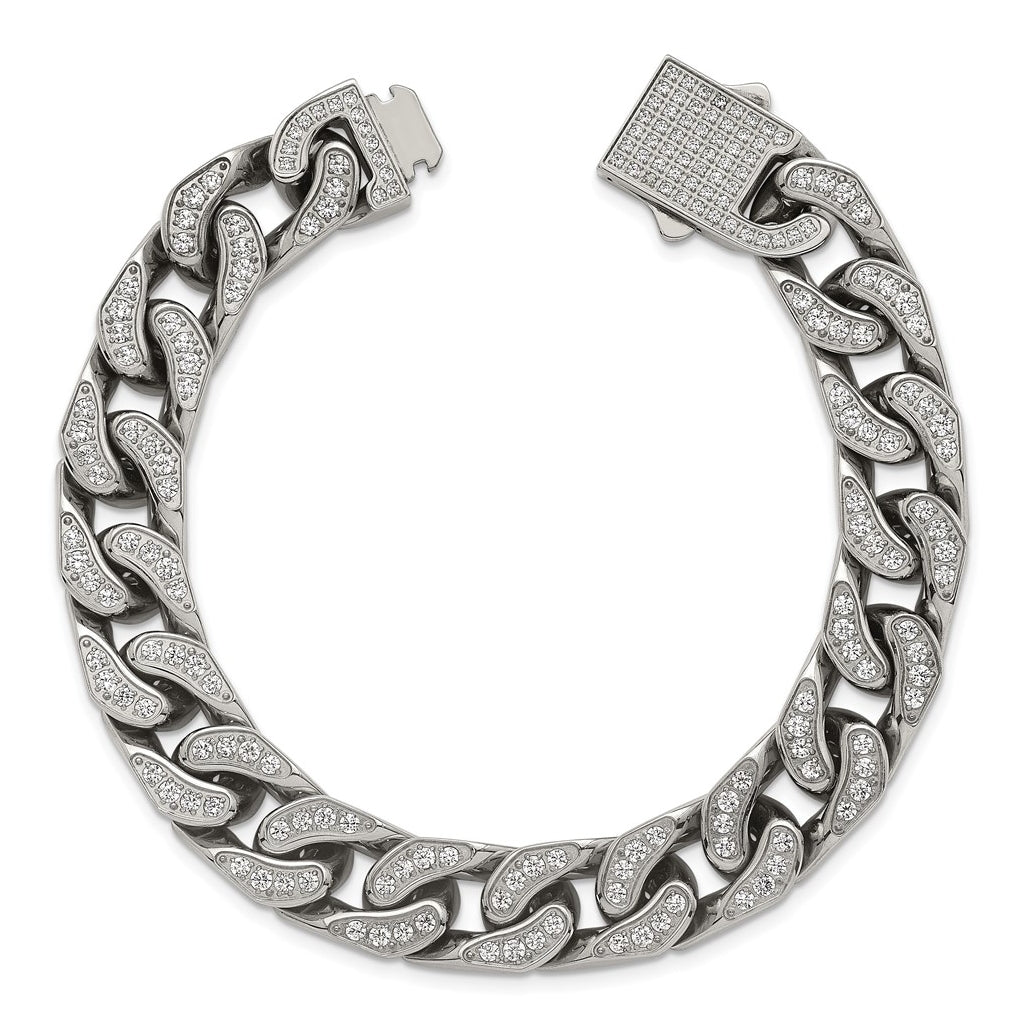 Stainless Steel Polished 12mm Cubic Zirconia Cable Link 8.5in Bracelet – Elegant Jewelry Gift for Birthday, Anniversary, Engagement, Wedding