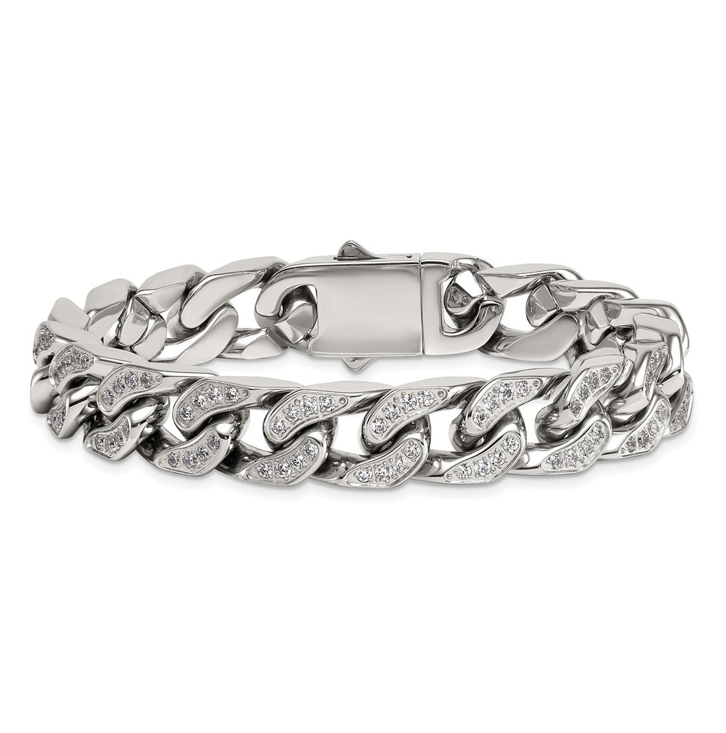 Stainless Steel Polished 12mm Cubic Zirconia Cable Link 8.5in Bracelet – Elegant Jewelry Gift for Birthday, Anniversary, Engagement, Wedding