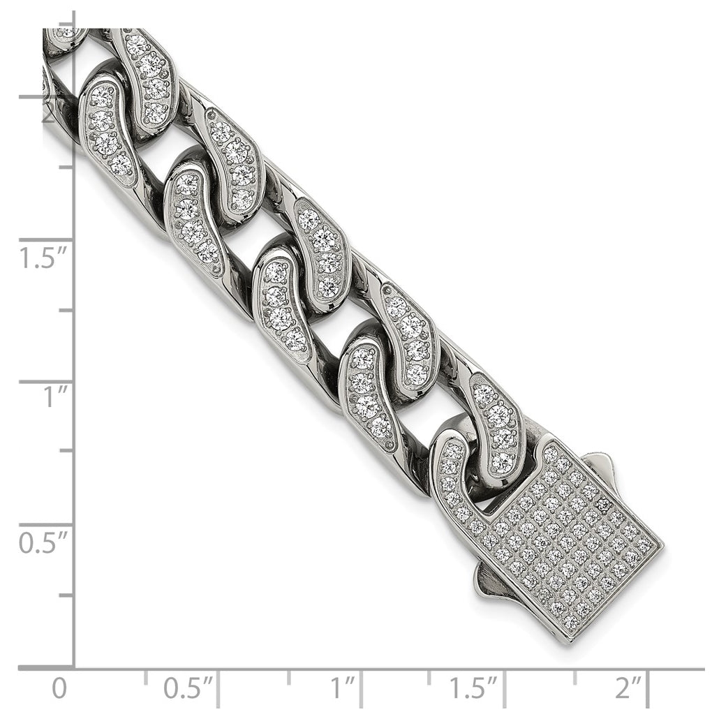 Stainless Steel Polished 12mm Cubic Zirconia Cable Link 8.5in Bracelet – Elegant Jewelry Gift for Birthday, Anniversary, Engagement, Wedding