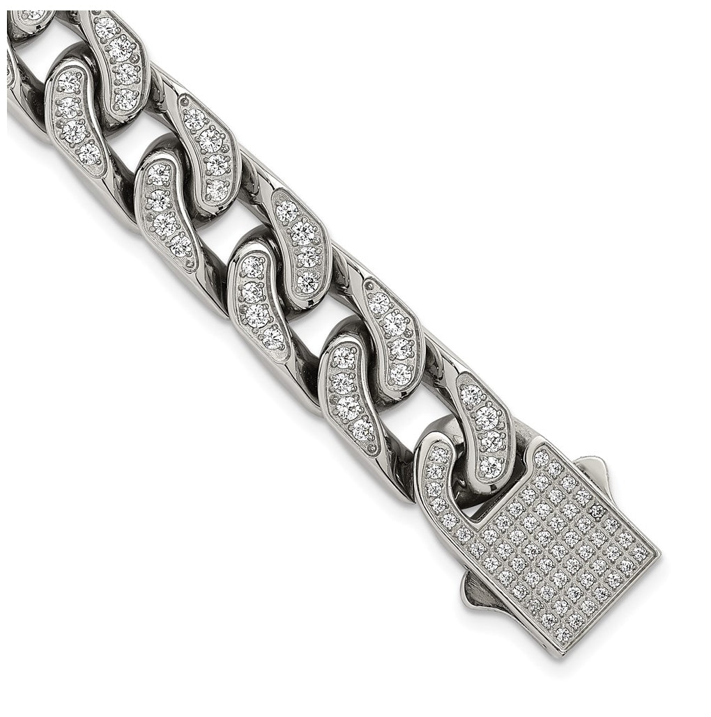 Stainless Steel Polished 12mm Cubic Zirconia Cable Link 8.5in Bracelet – Elegant Jewelry Gift for Birthday, Anniversary, Engagement, Wedding