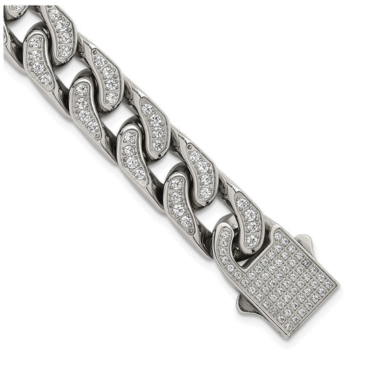 Stainless Steel Polished 12mm Cubic Zirconia Cable Link 8.5in Bracelet – Elegant Jewelry Gift for Birthday, Anniversary, Engagement, Wedding