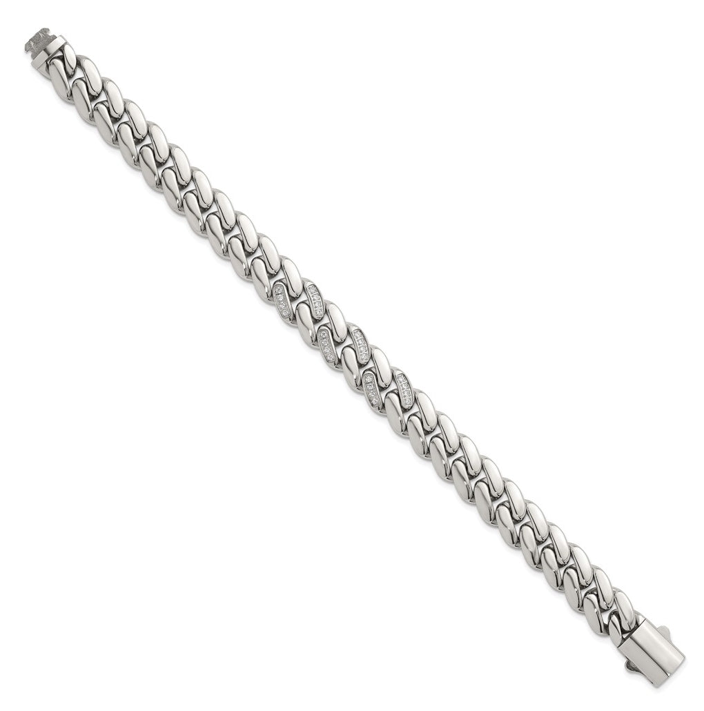 Stainless Steel Polished 12mm Cubic Zirconia Cable Link 8.5in Bracelet – Elegant Jewelry Gift for Birthday, Anniversary, Engagement, Wedding