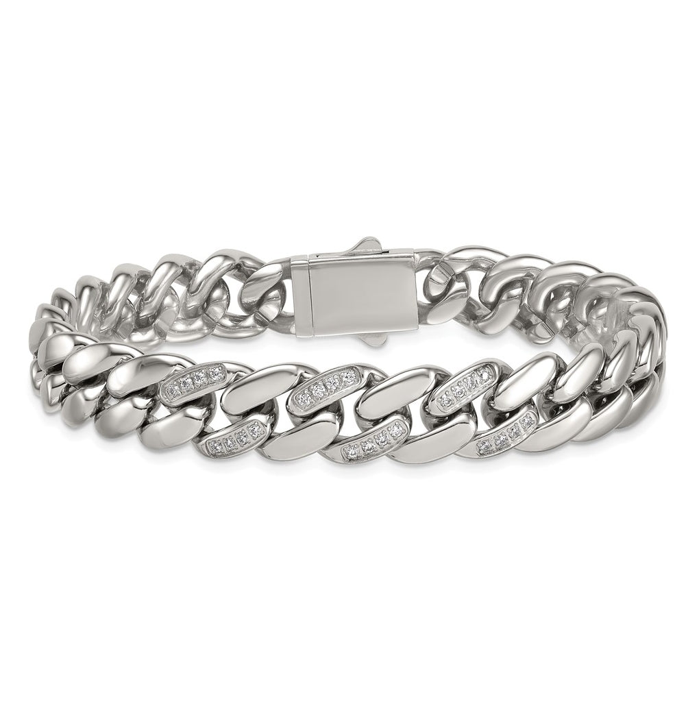 Stainless Steel Polished 12mm Cubic Zirconia Cable Link 8.5in Bracelet – Elegant Jewelry Gift for Birthday, Anniversary, Engagement, Wedding
