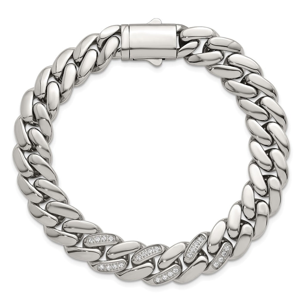 Stainless Steel Polished 12mm Cubic Zirconia Cable Link 8.5in Bracelet – Elegant Jewelry Gift for Birthday, Anniversary, Engagement, Wedding