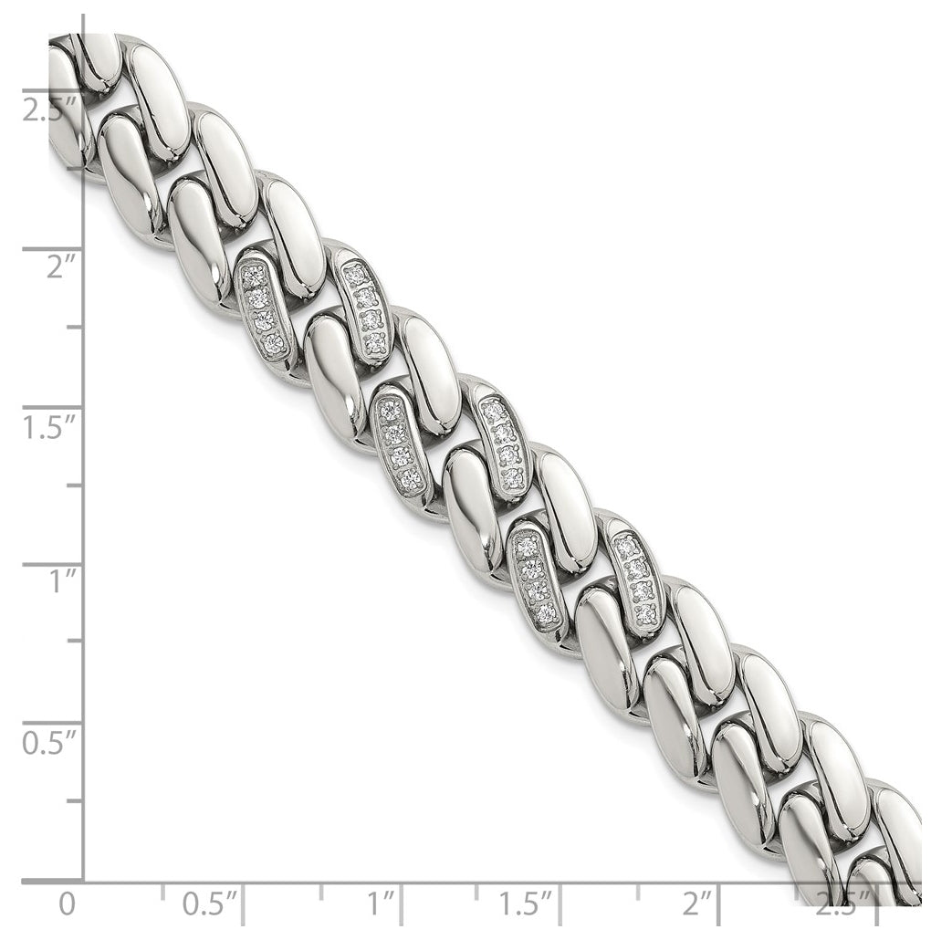 Stainless Steel Polished 12mm Cubic Zirconia Cable Link 8.5in Bracelet – Elegant Jewelry Gift for Birthday, Anniversary, Engagement, Wedding
