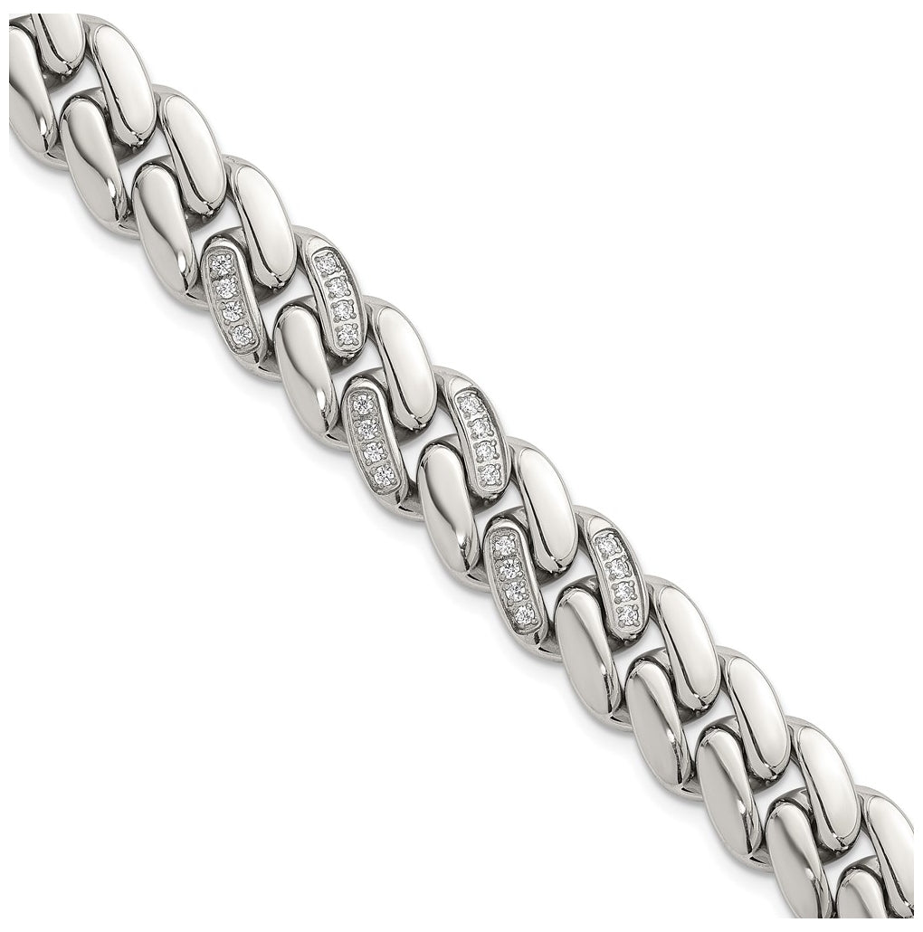 Stainless Steel Polished 12mm Cubic Zirconia Cable Link 8.5in Bracelet – Elegant Jewelry Gift for Birthday, Anniversary, Engagement, Wedding