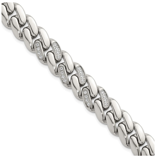 Stainless Steel Polished 12mm Cubic Zirconia Cable Link 8.5in Bracelet – Elegant Jewelry Gift for Birthday, Anniversary, Engagement, Wedding