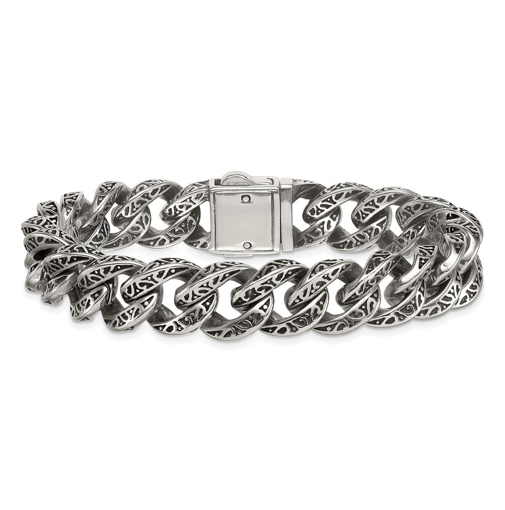 Stainless Steel Polished Antiqued 14mm Cable Link 8.5in Bracelet – Elegant Jewelry Gift for Birthday, Anniversary, Engagement, Wedding