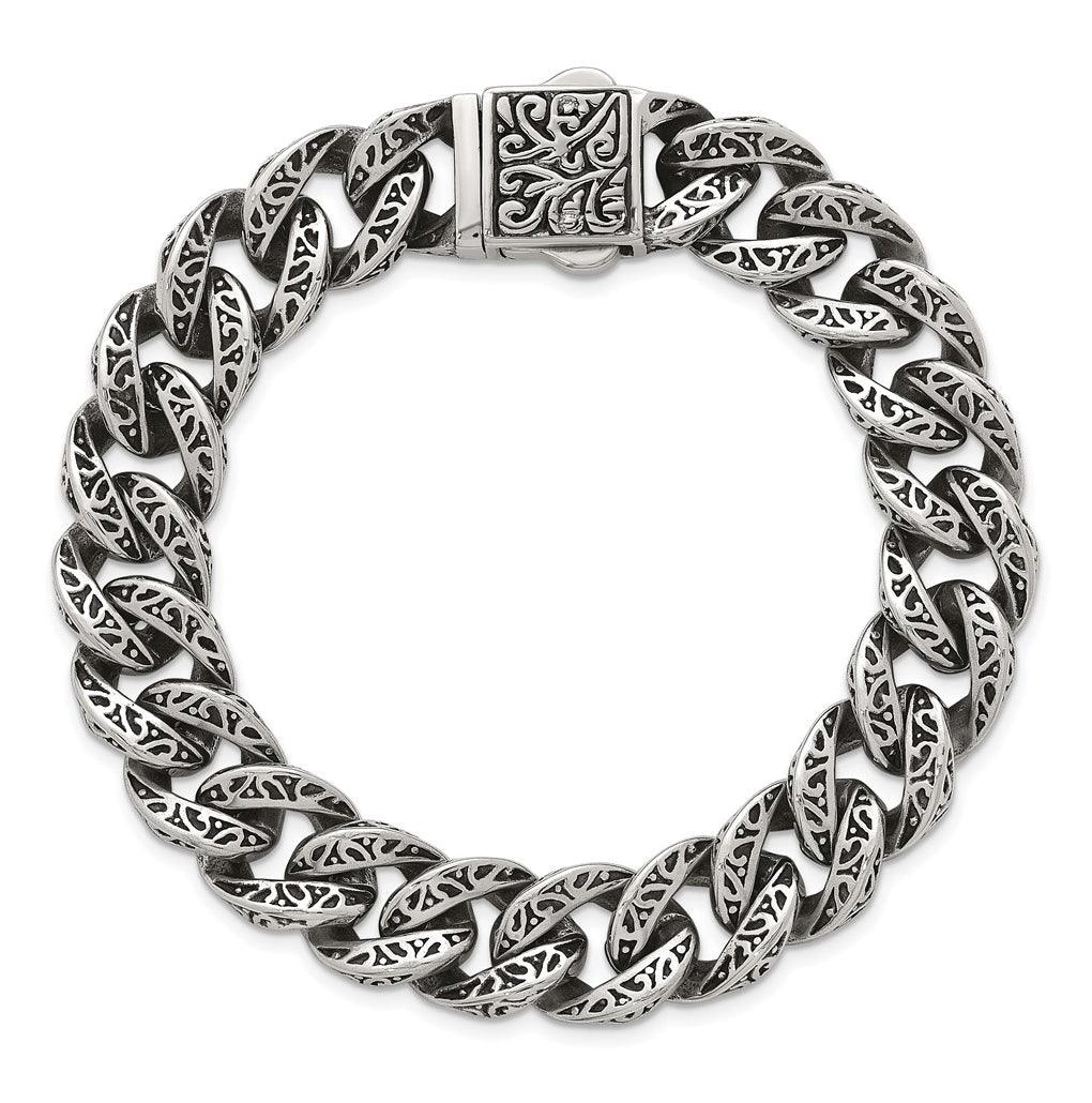 Stainless Steel Polished Antiqued 14mm Cable Link 8.5in Bracelet – Elegant Jewelry Gift for Birthday, Anniversary, Engagement, Wedding
