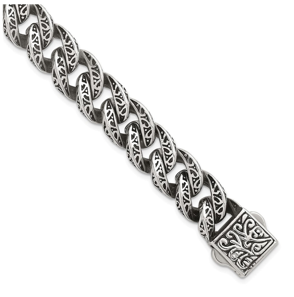Stainless Steel Polished Antiqued 14mm Cable Link 8.5in Bracelet – Elegant Jewelry Gift for Birthday, Anniversary, Engagement, Wedding