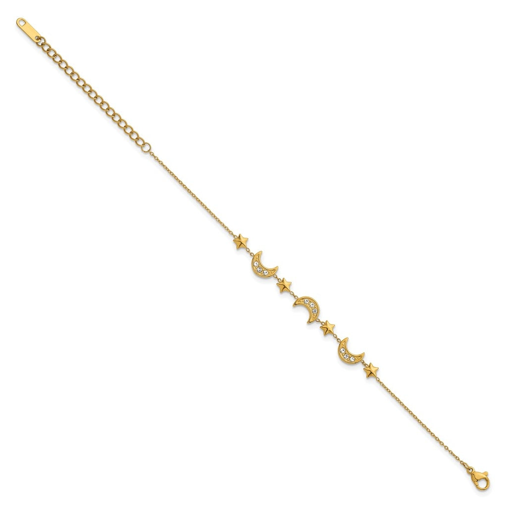 Stainless Steel Polished YellowIP Crystal Moon & Stars with 2in ext Bracelet – Elegant Jewelry Gift for Birthday, Anniversary, Engagement, Wedding