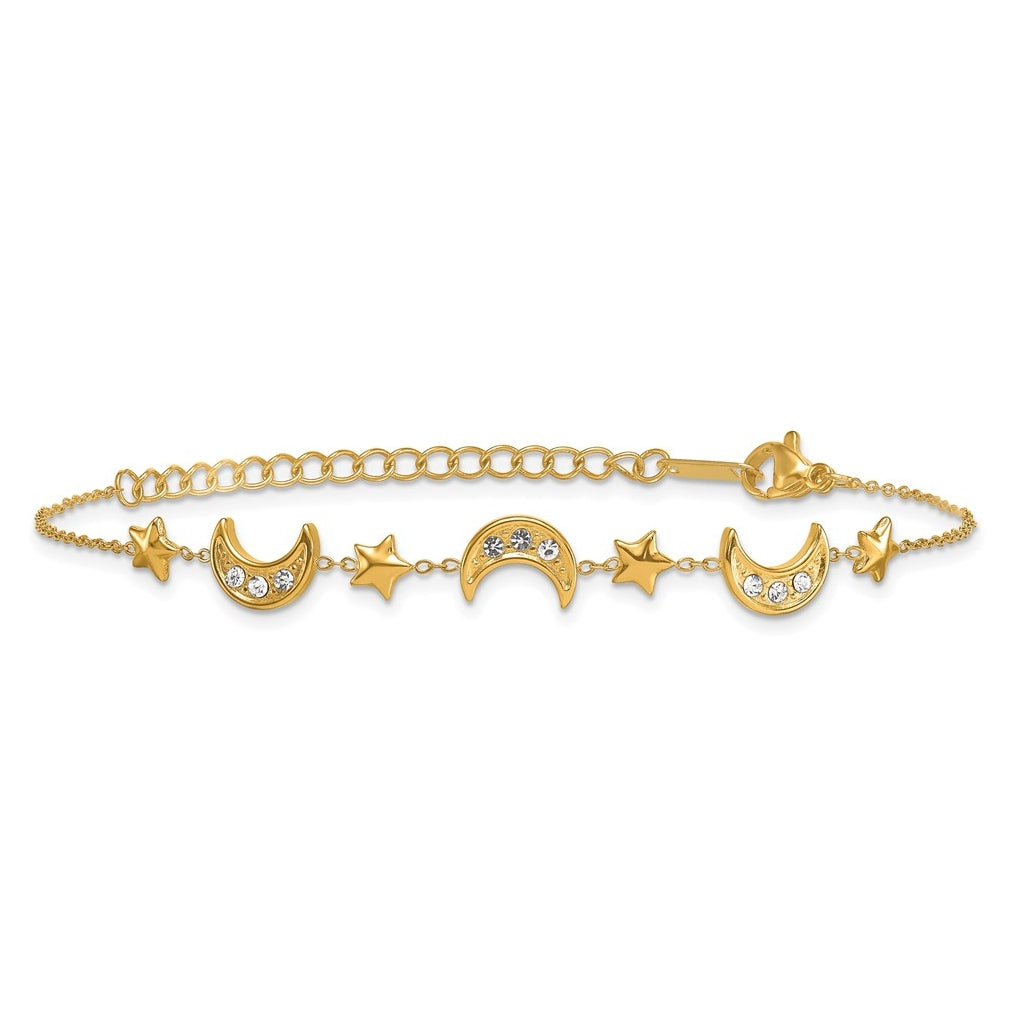 Stainless Steel Polished YellowIP Crystal Moon & Stars with 2in ext Bracelet – Elegant Jewelry Gift for Birthday, Anniversary, Engagement, Wedding