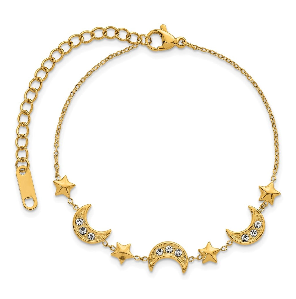Stainless Steel Polished YellowIP Crystal Moon & Stars with 2in ext Bracelet – Elegant Jewelry Gift for Birthday, Anniversary, Engagement, Wedding