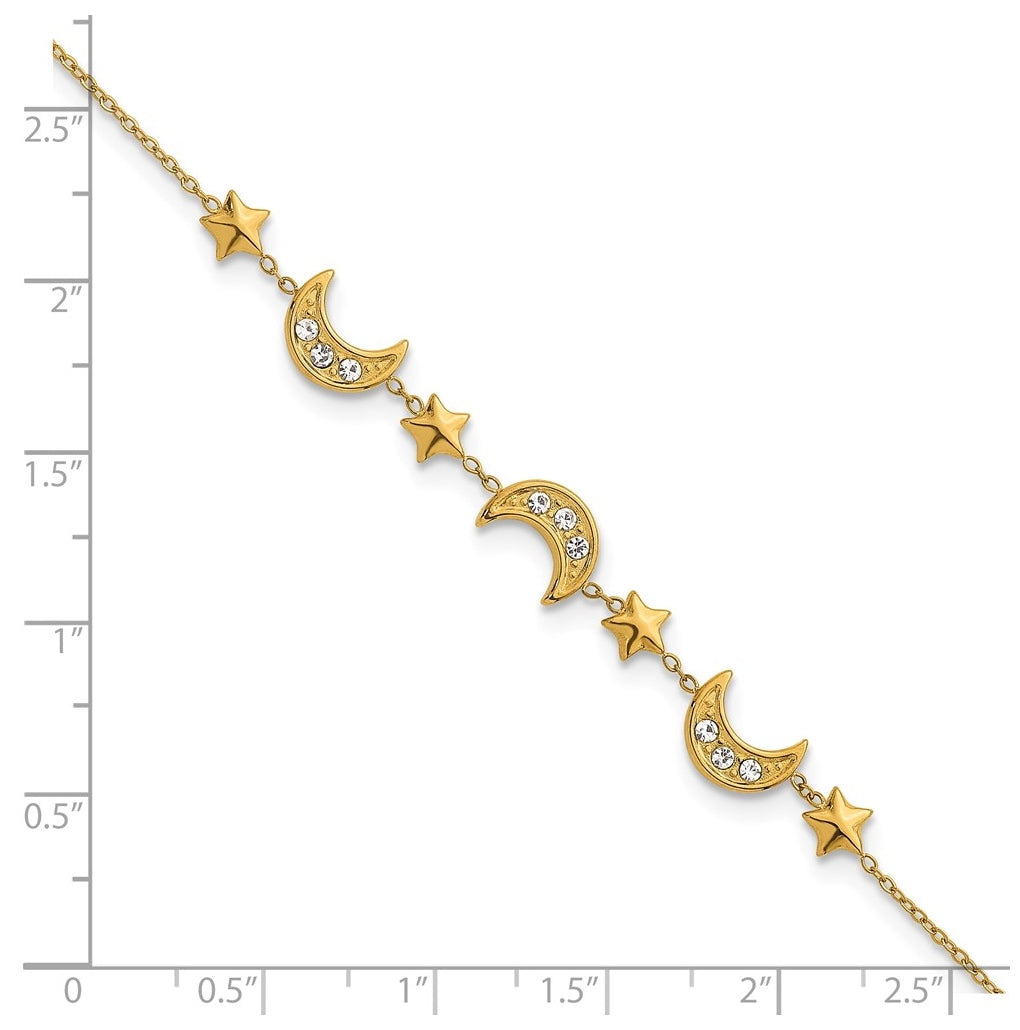Stainless Steel Polished YellowIP Crystal Moon & Stars with 2in ext Bracelet – Elegant Jewelry Gift for Birthday, Anniversary, Engagement, Wedding