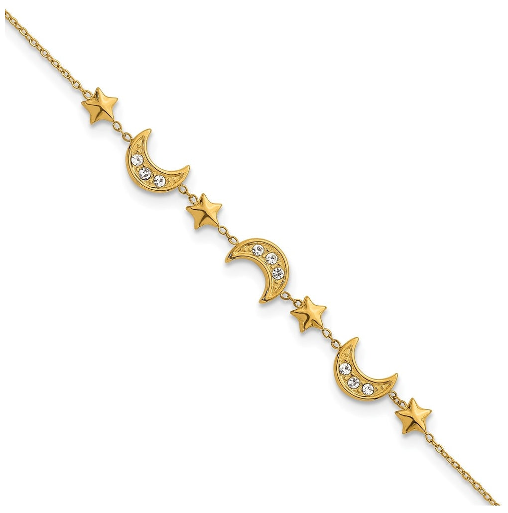 Stainless Steel Polished YellowIP Crystal Moon & Stars with 2in ext Bracelet – Elegant Jewelry Gift for Birthday, Anniversary, Engagement, Wedding