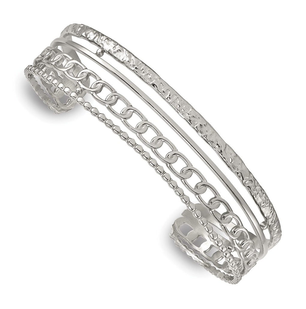 Stainless Steel Polished and Textured Cuff Bangle – Elegant Jewelry Gift for Birthday, Anniversary, Engagement, Wedding