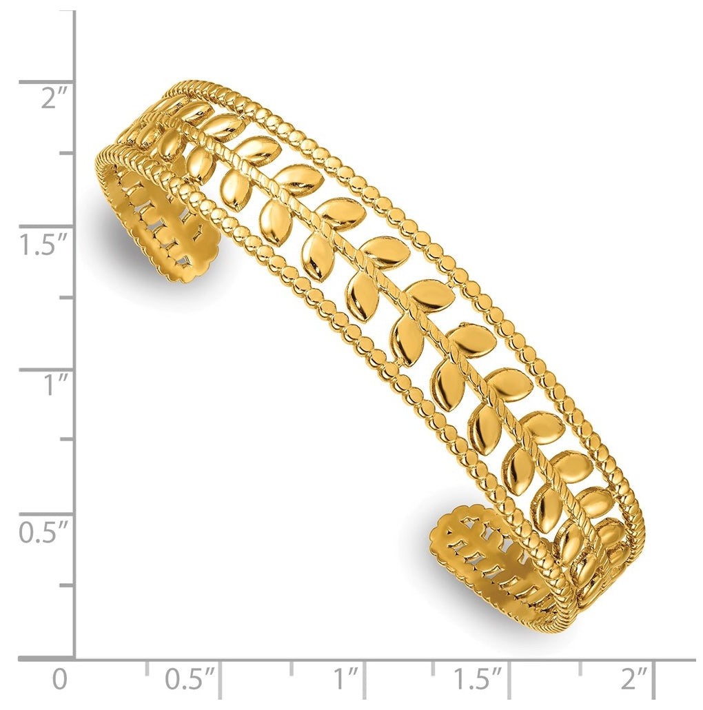 Stainless Steel Polished Yellow IP-plated Leaf Pattern Cuff Bangle – Elegant Jewelry Gift for Birthday, Anniversary, Engagement, Wedding