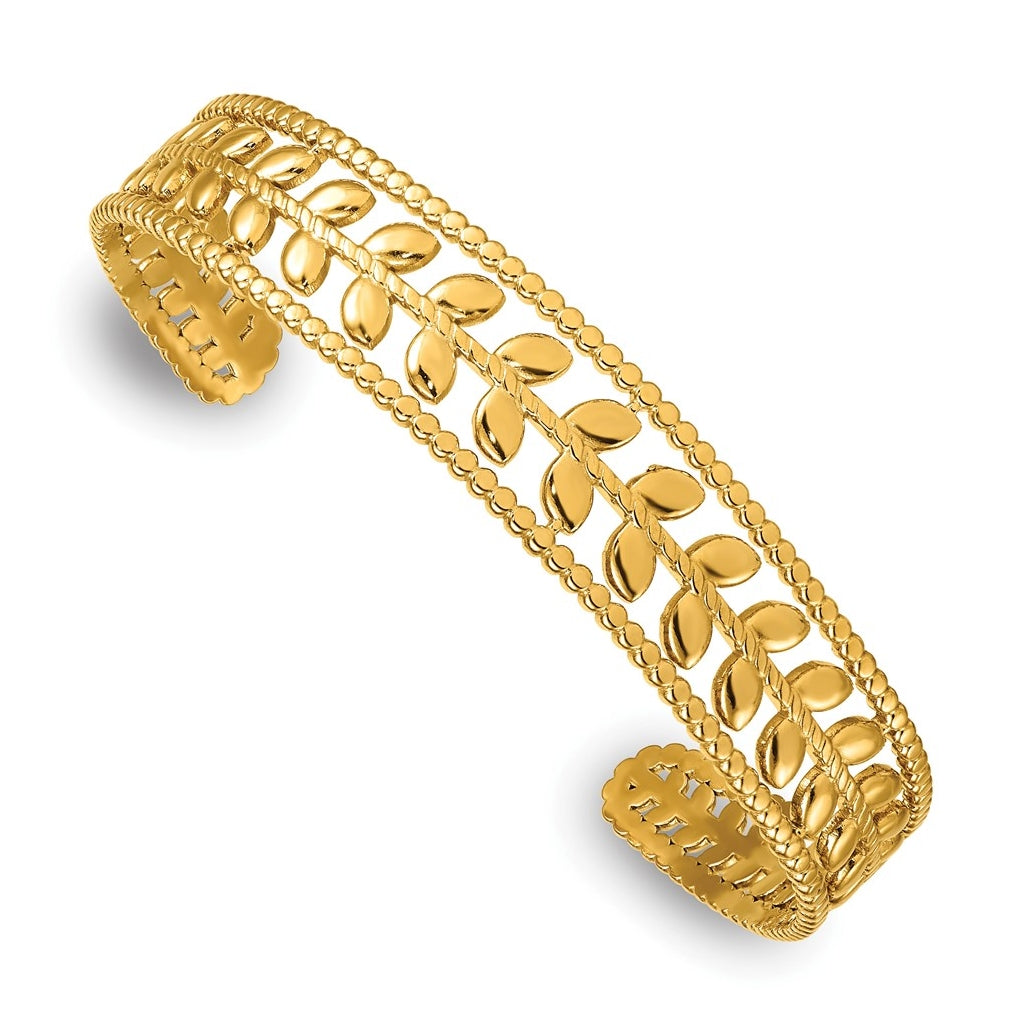 Stainless Steel Polished Yellow IP-plated Leaf Pattern Cuff Bangle – Elegant Jewelry Gift for Birthday, Anniversary, Engagement, Wedding