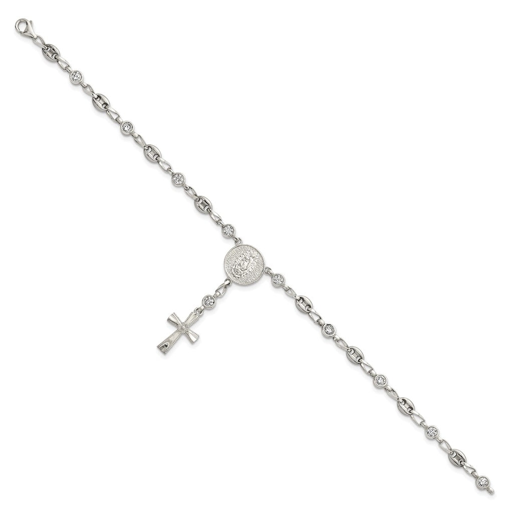 Stainless Steel with 925 Polished White Cubic Zirconia 7.5in Rosary Bracelet – Elegant Jewelry Gift for Birthday, Anniversary, Engagement, Wedding