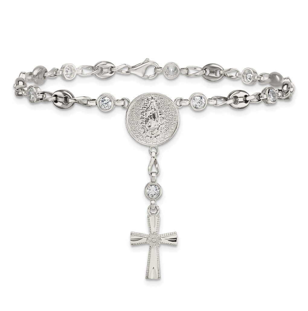Stainless Steel with 925 Polished White Cubic Zirconia 7.5in Rosary Bracelet – Elegant Jewelry Gift for Birthday, Anniversary, Engagement, Wedding