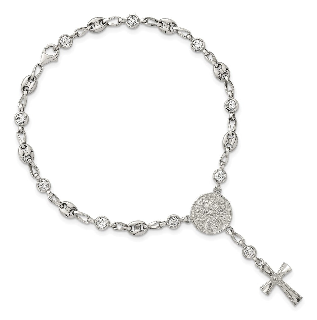 Stainless Steel with 925 Polished White Cubic Zirconia 7.5in Rosary Bracelet – Elegant Jewelry Gift for Birthday, Anniversary, Engagement, Wedding