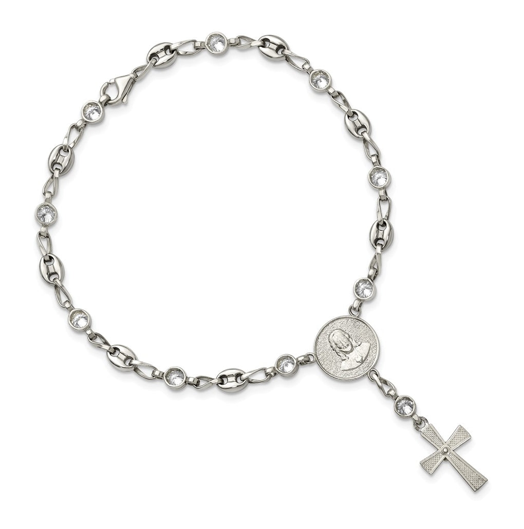 Stainless Steel with 925 Polished White Cubic Zirconia 7.5in Rosary Bracelet – Elegant Jewelry Gift for Birthday, Anniversary, Engagement, Wedding