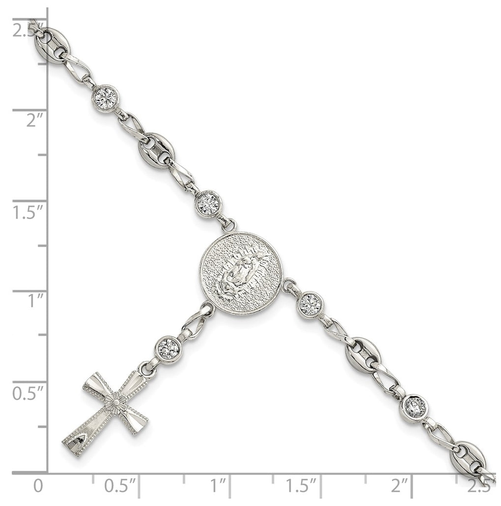 Stainless Steel with 925 Polished White Cubic Zirconia 7.5in Rosary Bracelet – Elegant Jewelry Gift for Birthday, Anniversary, Engagement, Wedding