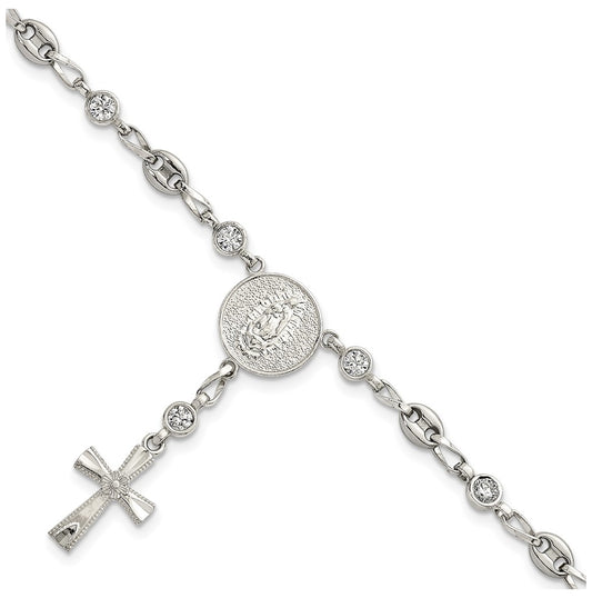 Stainless Steel with 925 Polished White Cubic Zirconia 7.5in Rosary Bracelet – Elegant Jewelry Gift for Birthday, Anniversary, Engagement, Wedding