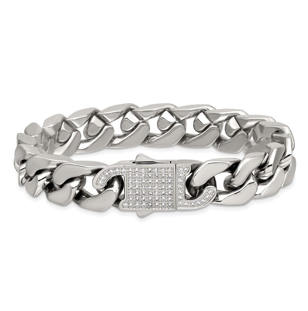 Stainless Steel Polished 12mm Cubic Zirconia Cable Link 8.5in Bracelet – Elegant Jewelry Gift for Birthday, Anniversary, Engagement, Wedding
