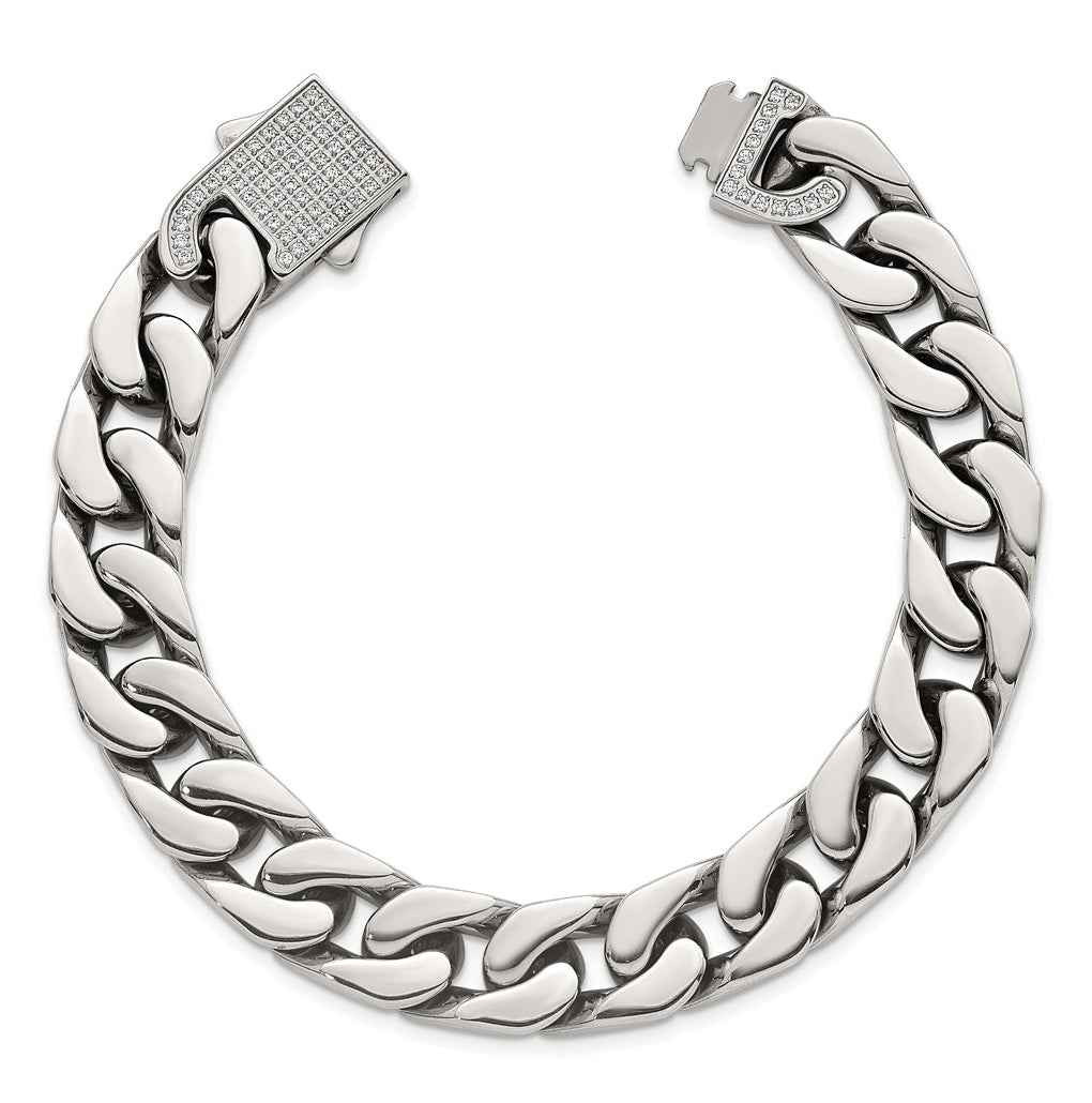 Stainless Steel Polished 12mm Cubic Zirconia Cable Link 8.5in Bracelet – Elegant Jewelry Gift for Birthday, Anniversary, Engagement, Wedding