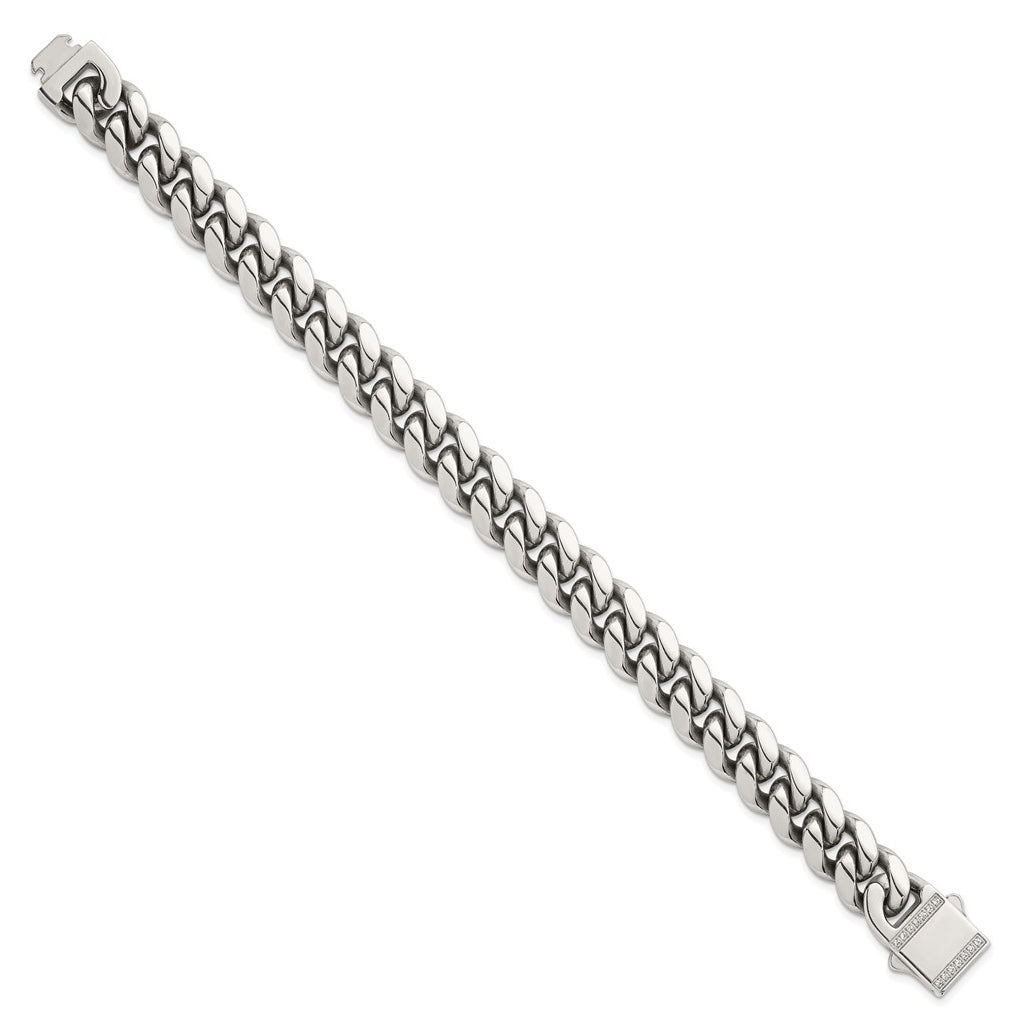 Stainless Steel Polished 12mm Curb Link with Cubic Zirconia Clasp 8.25in Bracelet – Elegant Jewelry Gift for Birthday, Anniversary, Engagement, Wedding