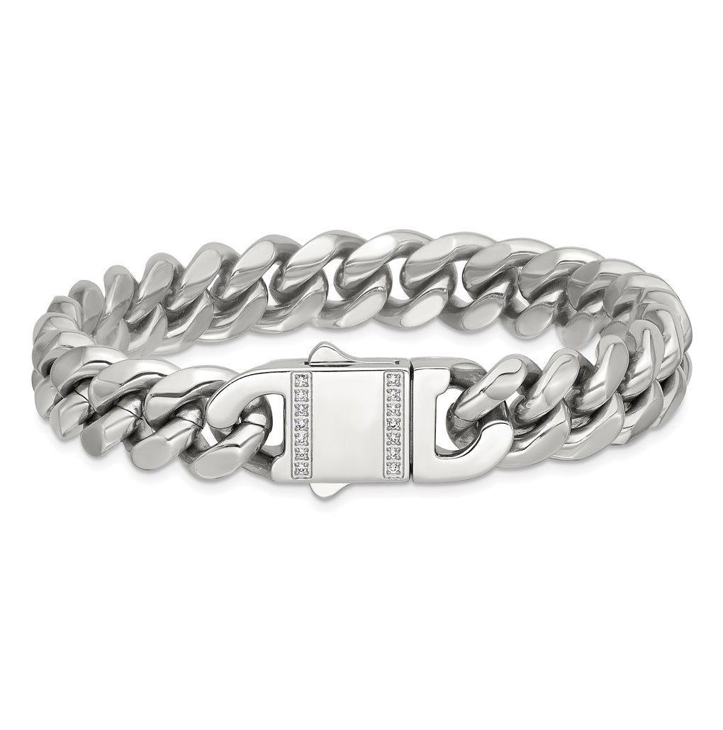 Stainless Steel Polished 12mm Curb Link with Cubic Zirconia Clasp 8.25in Bracelet – Elegant Jewelry Gift for Birthday, Anniversary, Engagement, Wedding
