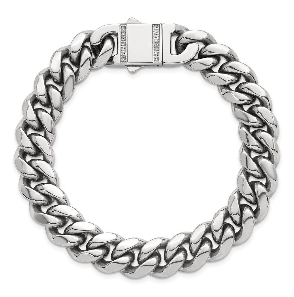 Stainless Steel Polished 12mm Curb Link with Cubic Zirconia Clasp 8.25in Bracelet – Elegant Jewelry Gift for Birthday, Anniversary, Engagement, Wedding
