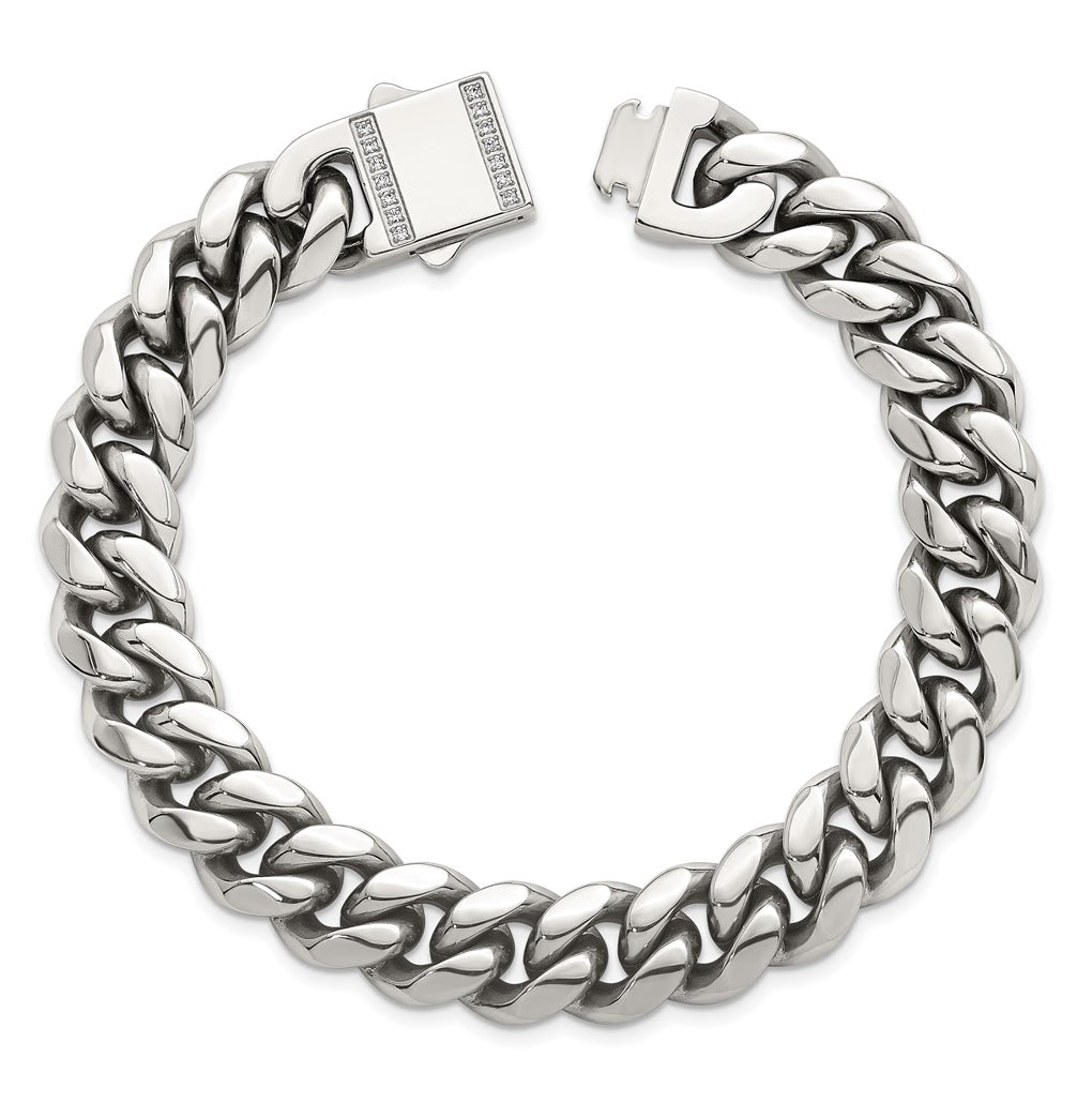 Stainless Steel Polished 12mm Curb Link with Cubic Zirconia Clasp 8.25in Bracelet – Elegant Jewelry Gift for Birthday, Anniversary, Engagement, Wedding