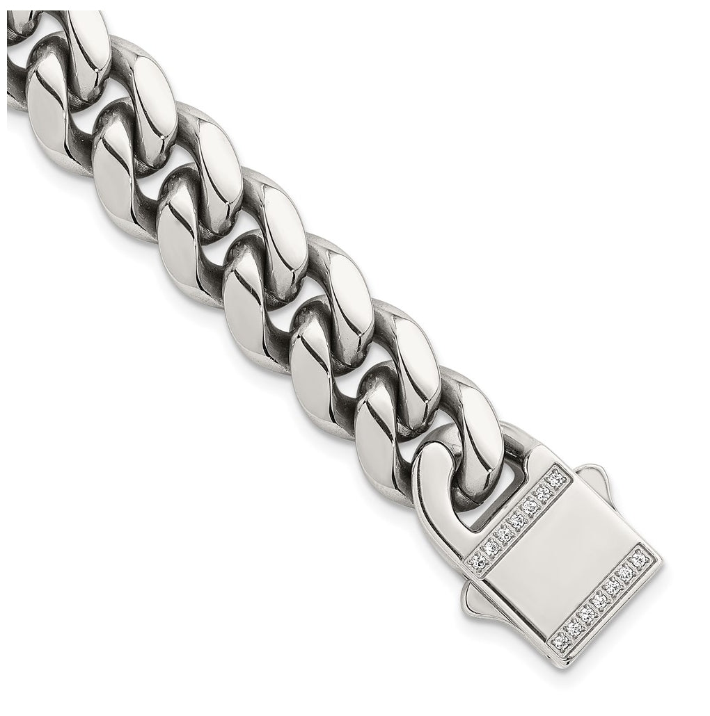 Stainless Steel Polished 12mm Curb Link with Cubic Zirconia Clasp 8.25in Bracelet – Elegant Jewelry Gift for Birthday, Anniversary, Engagement, Wedding
