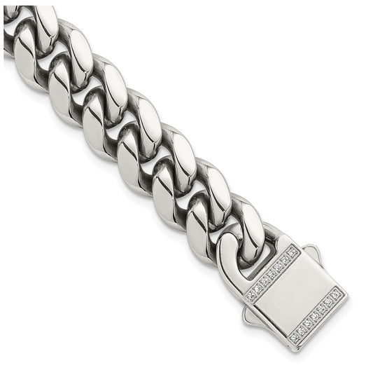 Stainless Steel Polished 12mm Curb Link with Cubic Zirconia Clasp 8.25in Bracelet – Elegant Jewelry Gift for Birthday, Anniversary, Engagement, Wedding