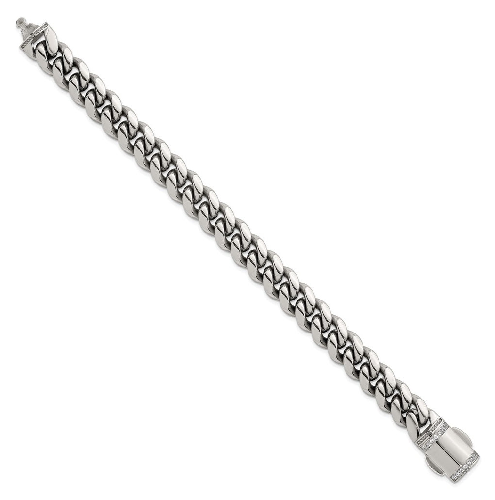 Stainless Steel Polished 12mm Curb Link with Cubic Zirconia Clasp 8.25in Bracelet – Elegant Jewelry Gift for Birthday, Anniversary, Engagement, Wedding