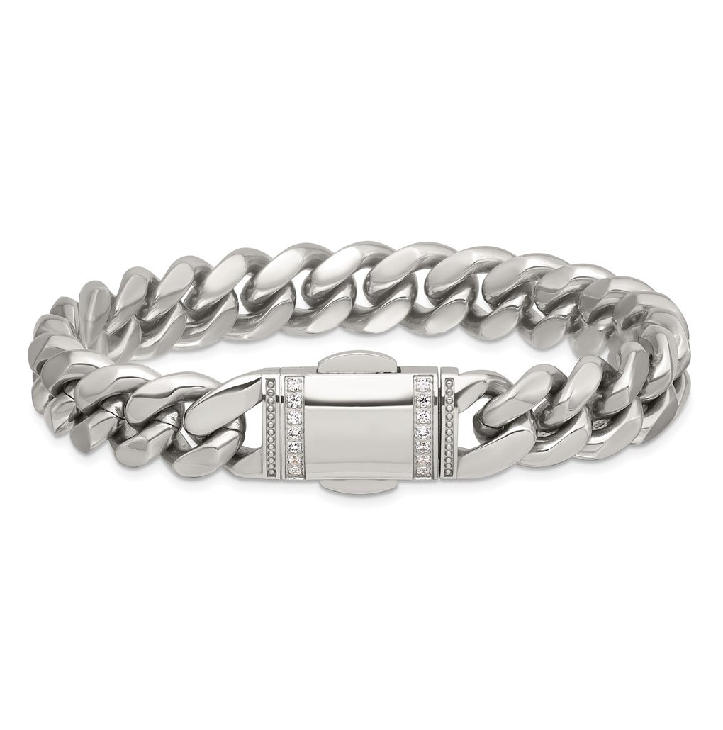 Stainless Steel Polished 12mm Curb Link with Cubic Zirconia Clasp 8.25in Bracelet – Elegant Jewelry Gift for Birthday, Anniversary, Engagement, Wedding