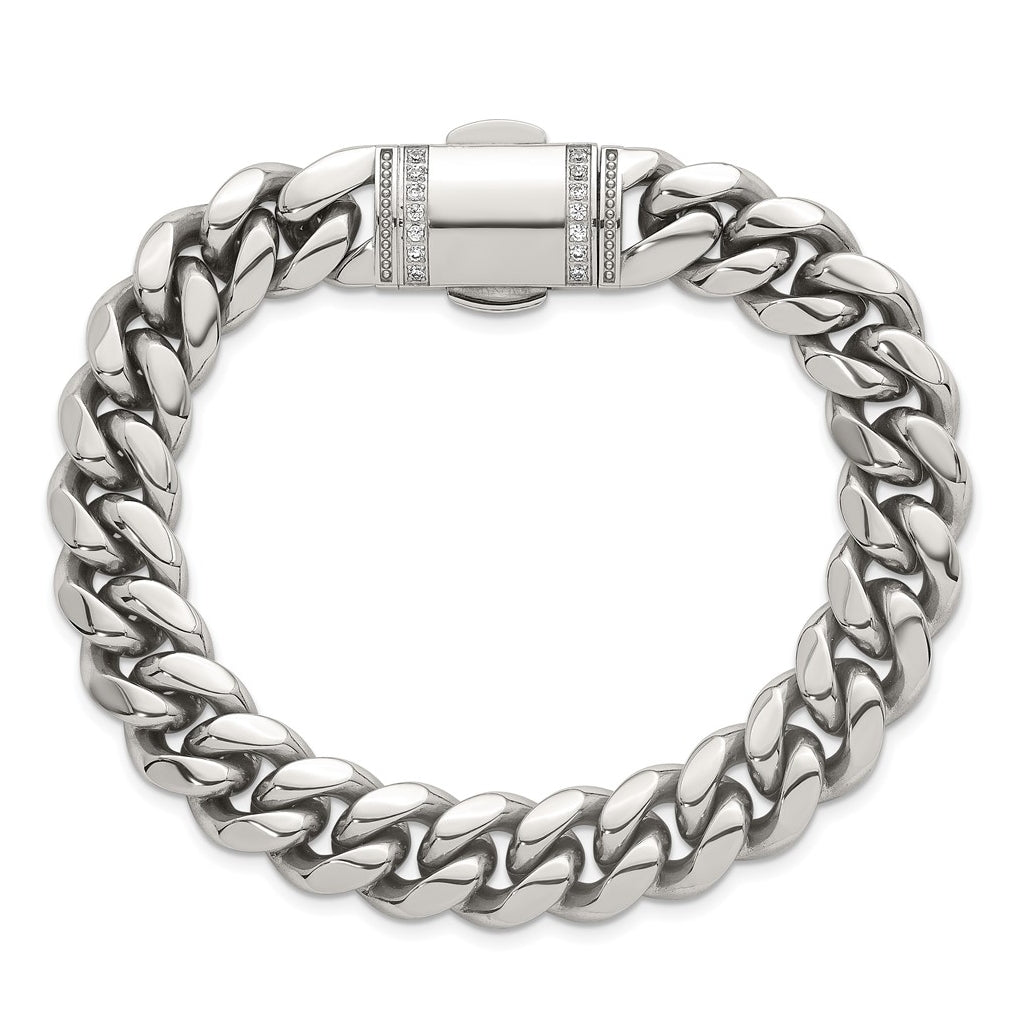 Stainless Steel Polished 12mm Curb Link with Cubic Zirconia Clasp 8.25in Bracelet – Elegant Jewelry Gift for Birthday, Anniversary, Engagement, Wedding