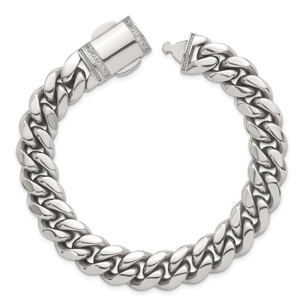 Stainless Steel Polished 12mm Curb Link with Cubic Zirconia Clasp 8.25in Bracelet – Elegant Jewelry Gift for Birthday, Anniversary, Engagement, Wedding