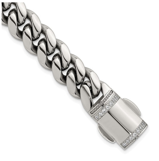 Stainless Steel Polished 12mm Curb Link with Cubic Zirconia Clasp 8.25in Bracelet – Elegant Jewelry Gift for Birthday, Anniversary, Engagement, Wedding
